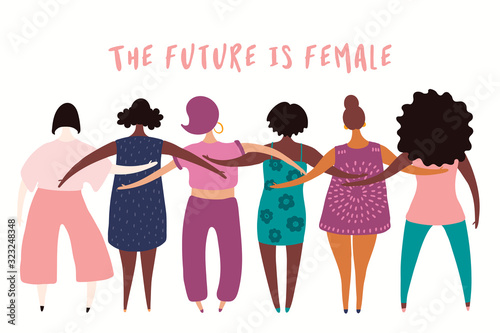 Hand drawn vector illustration of diverse modern girls together. Isolated people on white. Flat style design. Concept, element for feminism, womens day card, poster, banner. Female cartoon characters.