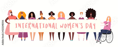 Hand drawn vector illustration of diverse girls holding a banner. Isolated people on white. Flat style design. Concept, element for feminism, womens day card, poster, banner. Female cartoon characters