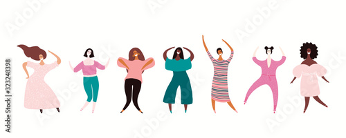 Set of diverse beautiful girls in casual clothes. Hand drawn vector illustration. Isolated objects on white background. Flat style design. Female cartoon character. Modern woman concept, element.