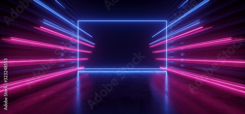 Cyber Vibrant Laser Stage Podium Purple Blue Neon Fluorescent Pantone Sci Fi Futuristic Hallway Warehouse Tunnel Party Club Spaceship Corridor 3D Rendering