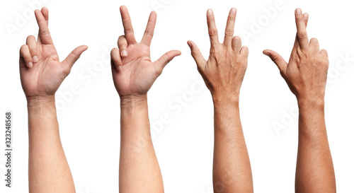 Group of Male Asian hand gestures isolated over the white background. Two Fingers and Cross Fingers Action.