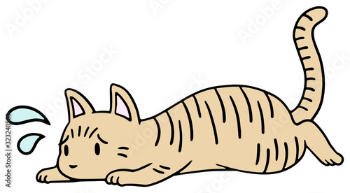 倒れた猫のイラスト_茶トラ_困り顔