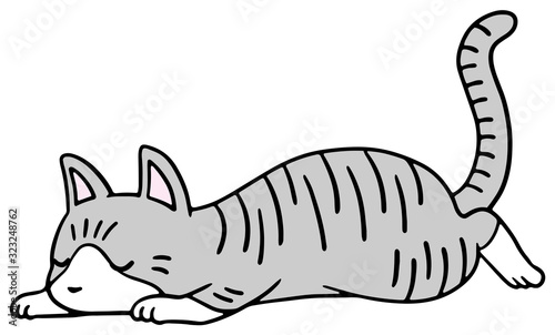 倒れた猫のイラスト_サバトラ_眠り顔