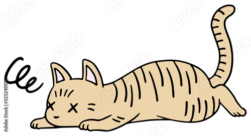 倒れた猫のイラスト_茶トラ_弱り顔