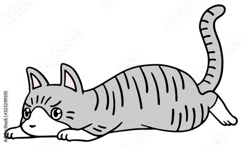 倒れた猫のイラスト_サバトラ_怒り顔