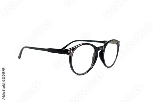 Unisex glasses with black plastic frames. With diopters for reading. Health, vision. Stylish accessories