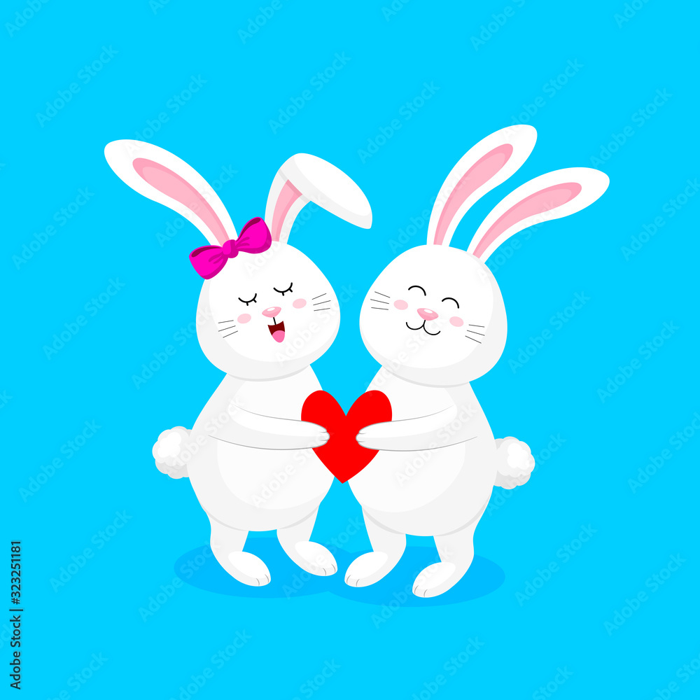 Cute cartoon white rabbits holding love hearts. Happy Valentine's day.  Cartoon character design. Illustration isolated on blue background.