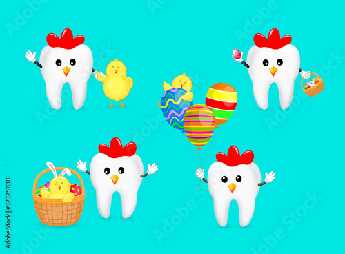 Set of hen tooth character with Easter eggs and little chick. Easter day concept. Dental Easter, illustration on blue background.