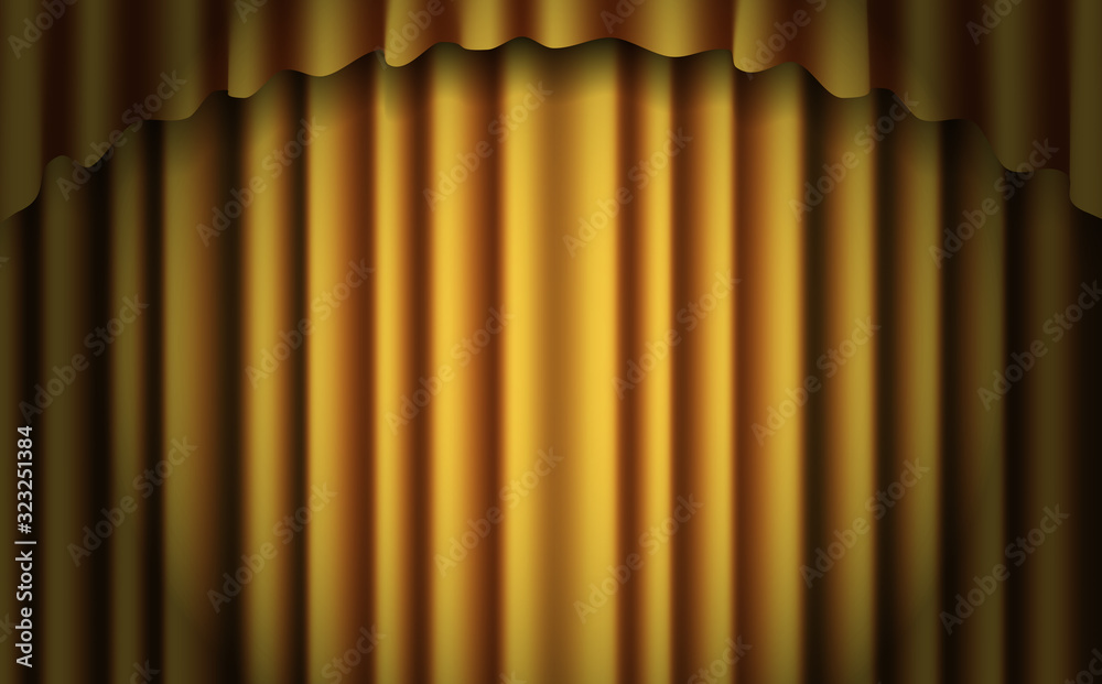 Gold stage curtain realistic vector. Closed silky luxury Gold curtain