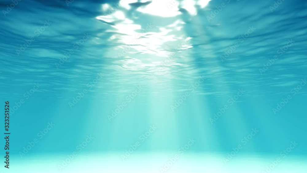 caribbean clean water looping light underwater animation with beams of sunlight white sand bottom and ripples on the surface, underwater loop background, 3D render