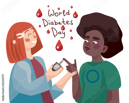 World Diabetes Day. A girl doctor takes blood in a glucometer to measure the sugar level of an African American girl.