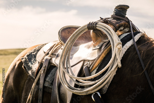 Close-up of a western riding saddle with lasso attached. Cody, Wyoming, USA