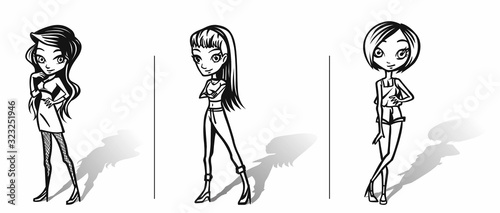 Fashion girl silhouette. Hand Drawn flat line art Vector illustration.