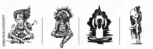 Set of Young  Meditates, 21st june international yoga day, Vector illustration.
