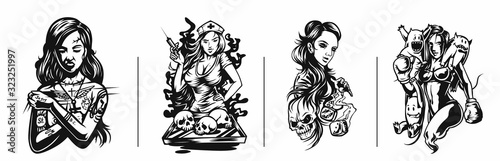 Set of T-shirt design Art nouveau woman tattoo and t-shirt design, vector illustration.