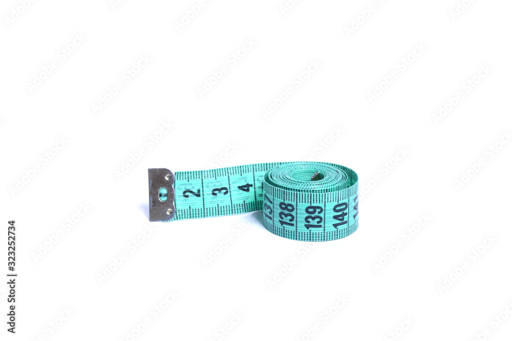 Closeup view of blue measuring tape isolated over white background