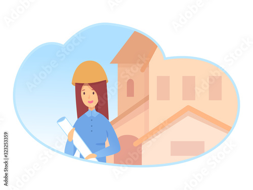 Young woman builder in helmet standing near house