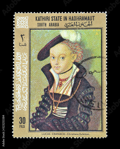 Cancelled postage stamp printed by Kathiri State in Hadhramaut, South Arabia, that shows portrait of Christiane Euleman, by Lucas Cranach, circa 1972 photo