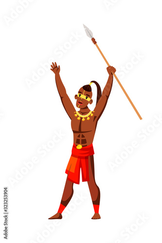 Tribal native man raising spear isolated on white