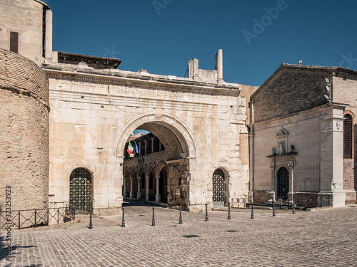 the ancient triumphal arch of Emperor Augustus in Fano, Pesaro-Urbino province, Marche, Italy. photo