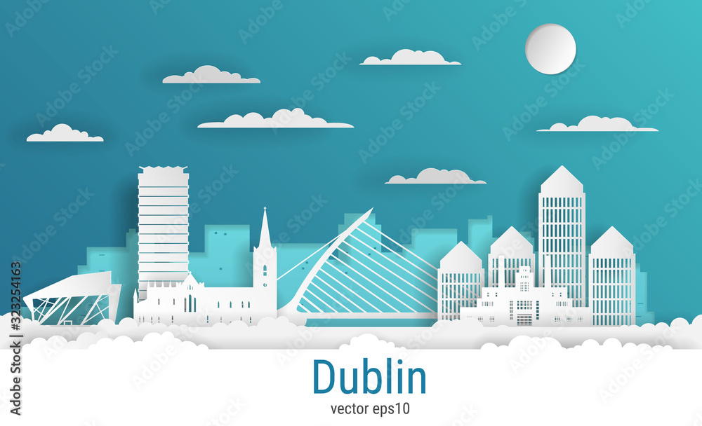 Fototapeta premium Cięcie papieru styl Dublin miasto, biały kolor papieru, czas ilustracji wektorowych. Pejzaż miejski ze wszystkimi słynnymi budynkami. Skyline Dublin kompozycja miasta do projektowania.