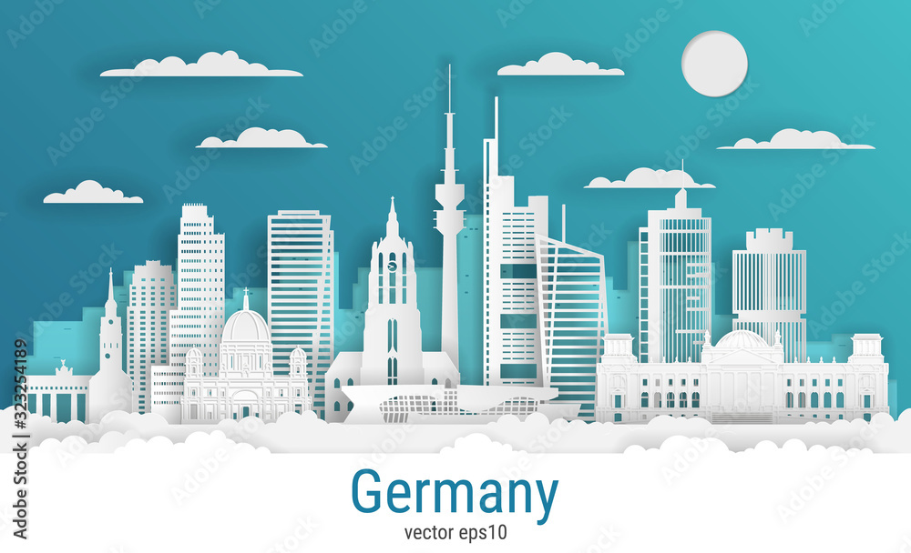 Paper cut style Germany, white color paper, vector stock illustration. Cityscape with all famous buildings. Skyline Germany composition for design.