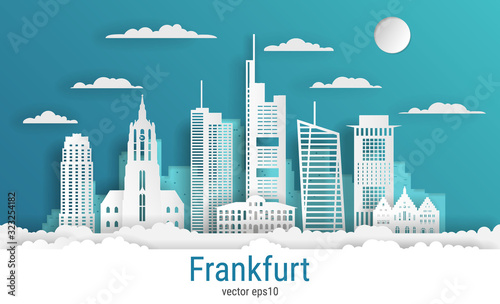 Paper cut style Frankfurt city, white color paper, vector stock illustration. Cityscape with all famous buildings. Skyline Frankfurt city composition for design.