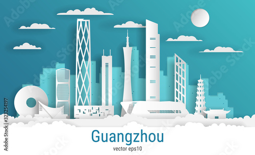 Fényképezés Paper cut style Guangzhou city, white color paper, vector stock illustration