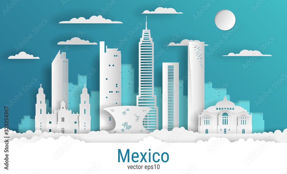 Naklejka premium Paper cut style Mexico city, white color paper, vector stock illustration. Cityscape with all famous buildings. Skyline Mexico city composition for design.