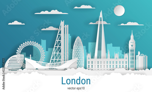 Paper cut style London city, white color paper, vector stock illustration. Cityscape with all famous buildings. Skyline London city composition for design.