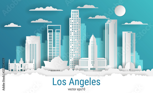Paper cut style Los Angeles city, white color paper, vector stock illustration. Cityscape with all famous buildings. Skyline Los Angeles city composition for design.