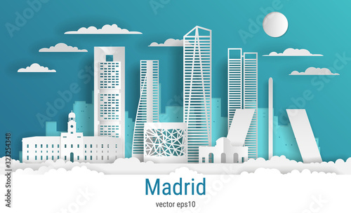 Paper cut style Madrid city, white color paper, vector stock illustration. Cityscape with all famous buildings. Skyline Madrid city composition for design.