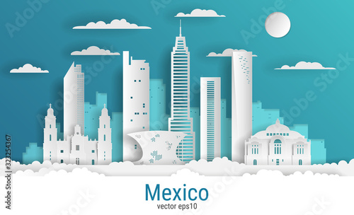 Paper cut style Mexico city, white color paper, vector stock illustration. Cityscape with all famous buildings. Skyline Mexico city composition for design. photo