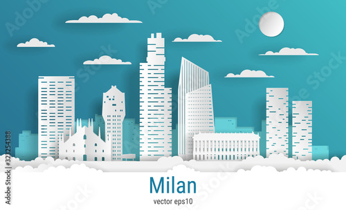 Paper cut style Milan city, white color paper, vector stock illustration. Cityscape with all famous buildings. Skyline Milan city composition for design.