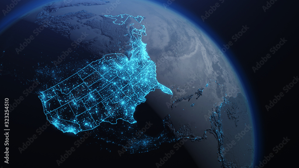 3D illustration of USA and North America from space at night with city lights showing human activity in United States - obrazy, fototapety, plakaty 