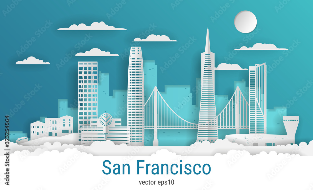 Naklejka premium Paper cut style San Francisco city, white color paper, vector stock illustration. Cityscape with all famous buildings. Skyline San Francisco city composition for design.