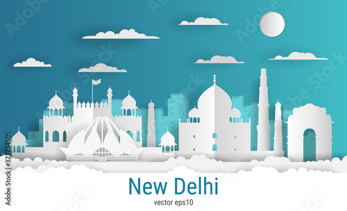 Paper cut style New Delhi city, white color paper, vector stock illustration. Cityscape with all famous buildings. Skyline New Delhi city composition for design. photo