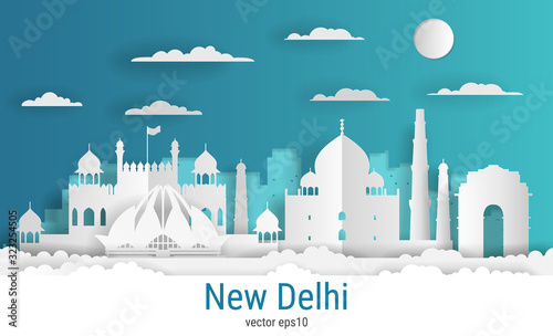 Paper cut style New Delhi city, white color paper, vector stock illustration. Cityscape with all famous buildings. Skyline New Delhi city composition for design.
