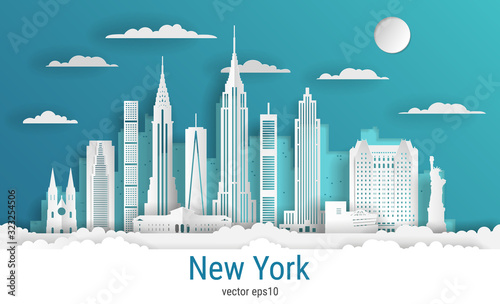 Fototapeta Paper cut style New York city, white color paper, vector stock illustration. Cityscape with all famous buildings. Skyline New York city composition for design.