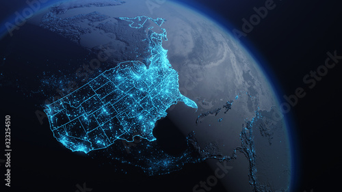 3D illustration of USA and North America from space at night with city lights showing human activity in United States