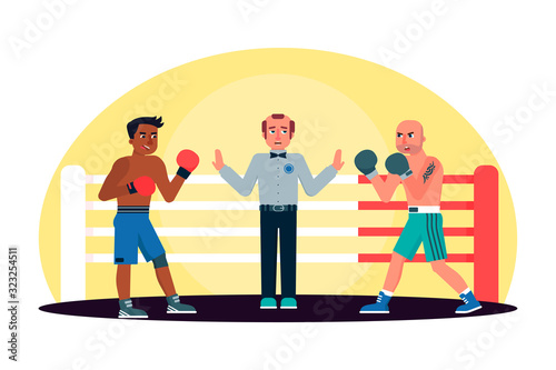 Two men engage in boxing fight and referee in ring