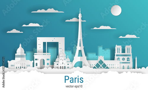 Paper cut style Paris city, white color paper, vector stock illustration. Cityscape with all famous buildings. Skyline Paris city composition for design.