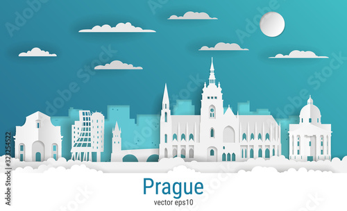 Paper cut style Prague city, white color paper, vector stock illustration. Cityscape with all famous buildings. Skyline Prague city composition for design.