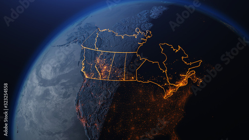 3D illustration of Canada and North America from space at night with city lights showing human activity in United States photo
