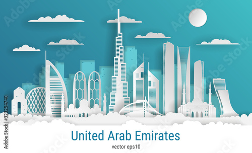 Paper cut style United Arab Emirates, white color paper, vector stock illustration. Cityscape with all famous buildings. Skyline UAE composition for design.