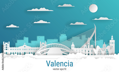 Paper cut style Valencia city, white color paper, vector stock illustration. Cityscape with all famous buildings. Skyline Valencia city composition for design.