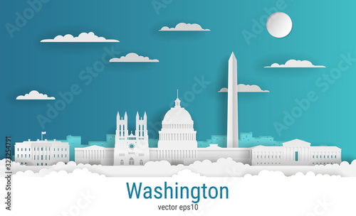 Paper cut style Washington city, white color paper, vector stock illustration. Cityscape with all famous buildings. Skyline Washington city composition for design.