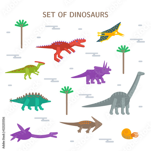 Simple set flat style icons of different dinosaurs with text. Pictograms  for print on t-shirt or design card.