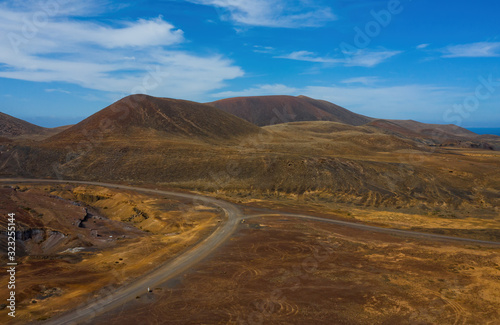 Inland Northern Fuerteventura, aerial view from drone near towards Bayuyo volcano system. October 2019