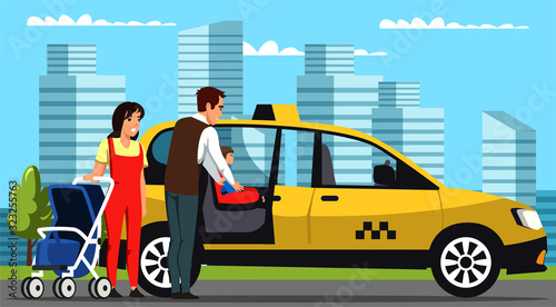 Young family with baby get in taxi cab on street